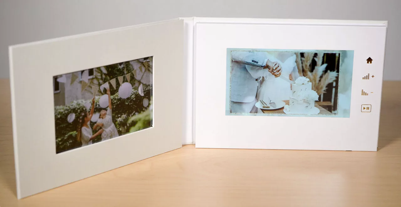 Inside view of our beautiful 7 inch Touchscreen Wedding Video Book