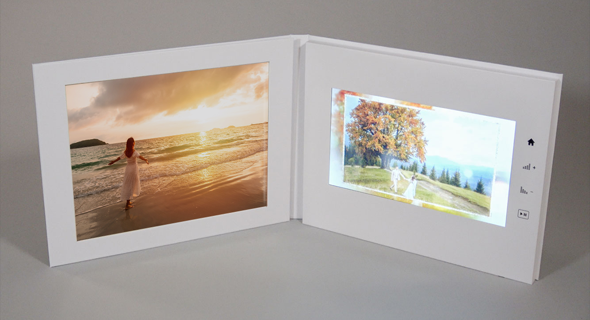 Inside, you'll notice a large 8x10 photo print framed by an elegant inside cover window. The large 10 inch screen is completely immersive, complimented by high quality stereo speakers. The hand-crafted details of these unique photo and video albums are unmatched.